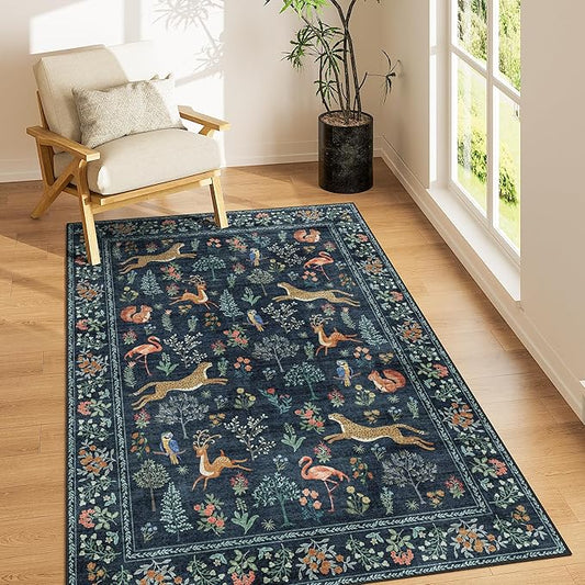 DUKINO 3x5 Rug, Washable Animal Area Rug with Non Slip Vintage Design, Indoor Soft Low Pile Carpet for Bedroom, Nursery, Dining Room, Farmhouse, Playroom, Navy Blue