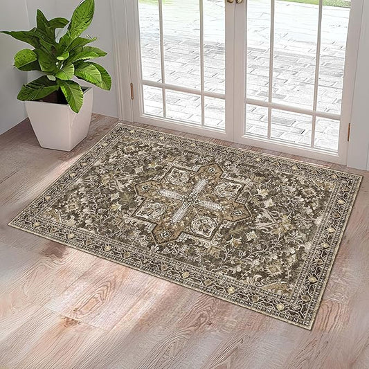 Washable Entryway Rug 3x5 | Non Slip Rug Runners for Hallways, Entryways, Kitchens, Bathrooms, Bedrooms | Ultra-Soft Flannel Carpet Kitchen Rug with Rubber Backing (Moss, 3x5)