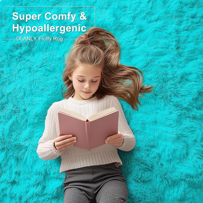 OLANLY 2x3 Machine Washable Small Bedside Rug, Soft Fluffy Shaggy Entryway Throw Rugs for Bedroom, Living Room, Indoor Floor Carpet for Kids Girls Boys, Nursery Rooms, Home Decor Aesthetic, Teal Blue