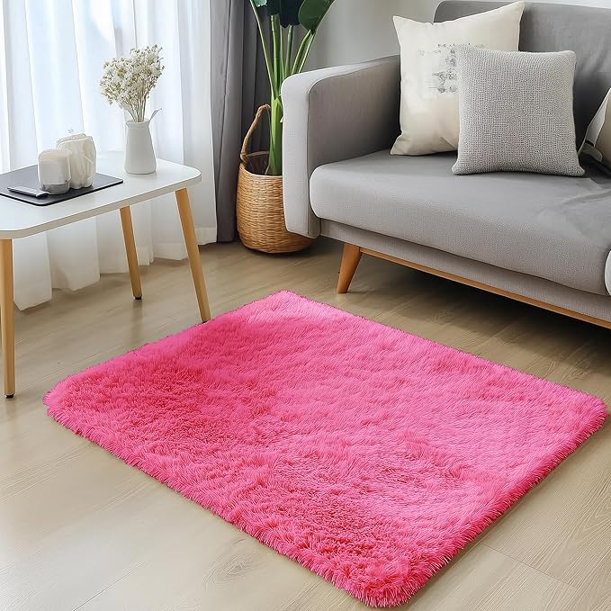 OLANLY 2x3 Machine Washable Small Bedside Rug, Soft Fluffy Shaggy Entryway Throw Rugs for Bedroom, Living Room, Indoor Floor Carpet for Kids Girls Boys, Nursery Rooms, Home Decor Aesthetic, Hot Pink