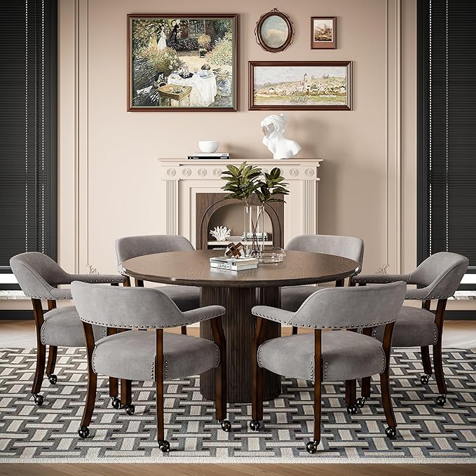 MODERION Dinning Chairs with Wheels and Arms Set of 6, Solid Wood Office Desk Chairs with Frosted Velvet Upholstered, Classic Swivel Accent Chairs, 31.5" H Boss Caption's Chair, Warm Grey XXY-HT22-TP