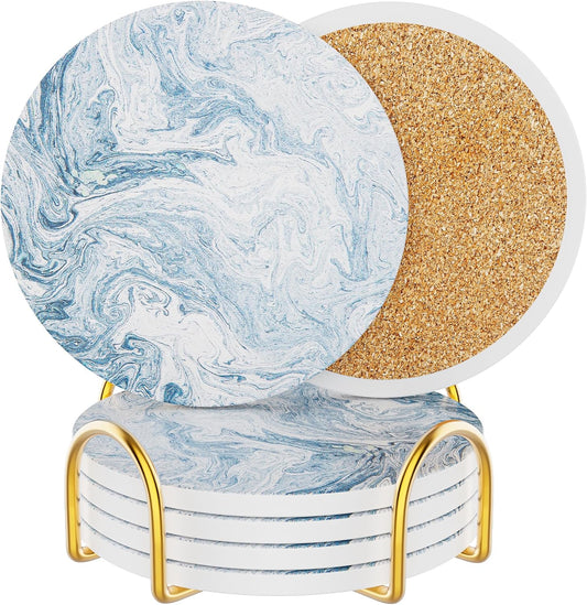 Coasters for Drinks Set of 4, Absorbent Abstract Light Blue Marble with Metal Golden Holder, Ceramic Coaster Set Cup Mat for Home Decor, Bar, Kitchen, Party