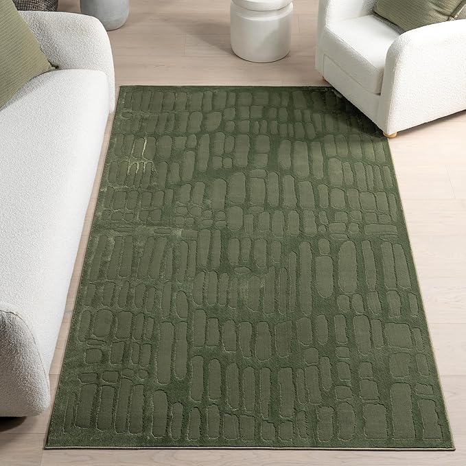 nuLOOM 4' x 6' Indoor Area Rug, 100% Recycled PET, Machine Washable, Oeko-TEX Certified, Medium Pile, Pet-Friendly, Belen Modern Abstract Forest Green