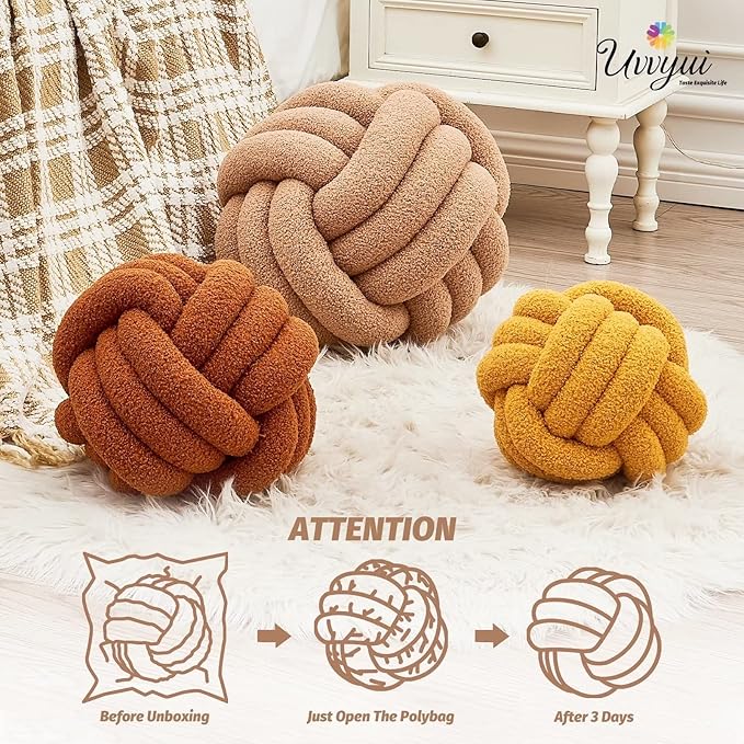 Uvvyui Knot Pillow Ball, Soft Home Decorative Pillows, Round Throw Pillow, Handmade Knotted Plush Pillow, Round Boucle Pillow Cushion (11 Inches Khaki)