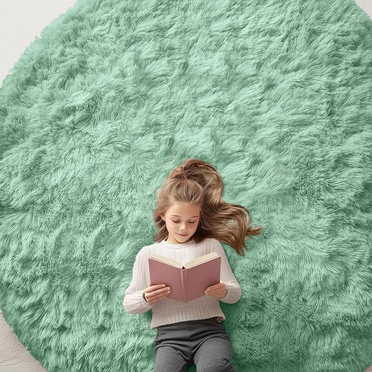 OLANLY Mint Green Round Rugs for Bedroom - Machine Washable, 8 ft Circle Area Rugs for Living Room, Soft and Fluffy Shaggy Carpet for Teen Girls and Boys, Nursery Rooms, Dorms, Home Decor Aesthetic