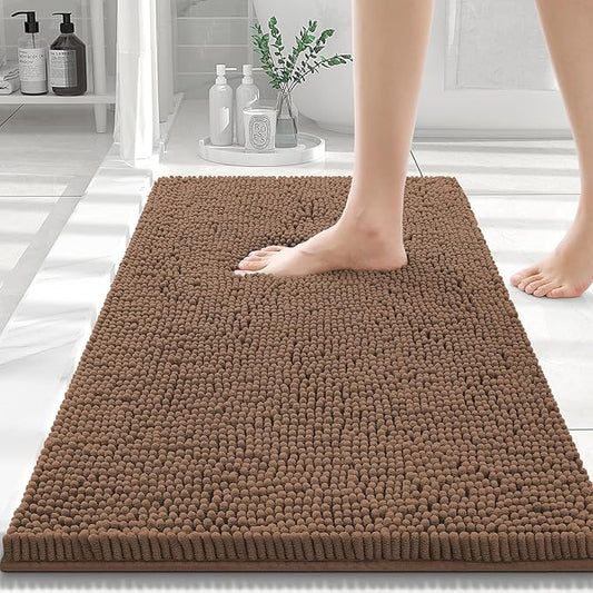 Smiry Luxury Chenille Bathroom Rugs 30x20, Extra Soft and Absorbent Shaggy Bath Mat, Machine Washable, Non-Slip Plush Carpet Runner for Tub, Shower, and Floor, Home Decor Accessories, Mocha