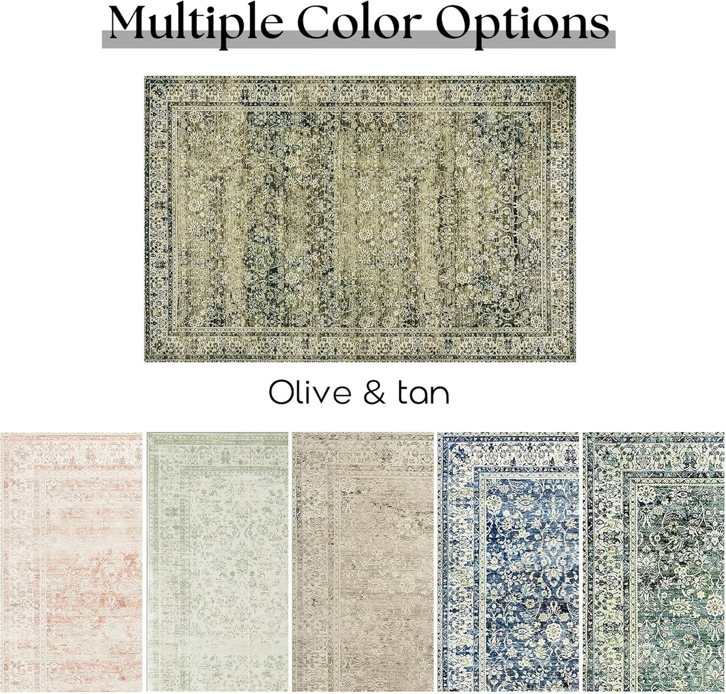 Large Boho Area Rugs 8x10 for Living Room,Low Pile Stain Resistant Neutral Vintage Faux Wool Machine Washable Rugs Carpet for Bedroom Dining Room,Olive Green and Cream