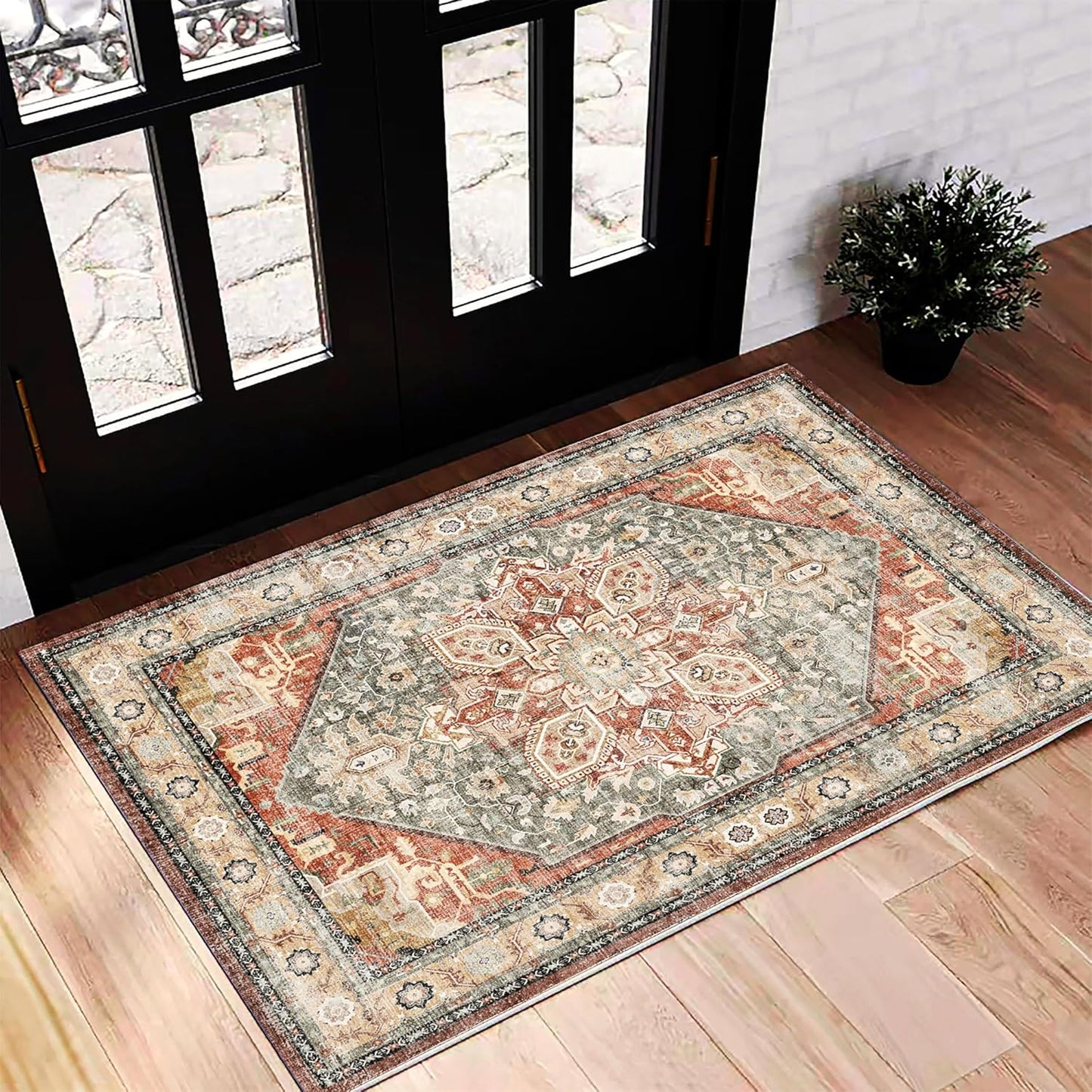 2'x3' Red Khaki Area Rug Washable Door Mat Vintage Distressed Doormat Indoor Entrance Traditional Thin Floral Print Non Slip Carpet for Kitchen Bathroom Bedroom Living Room