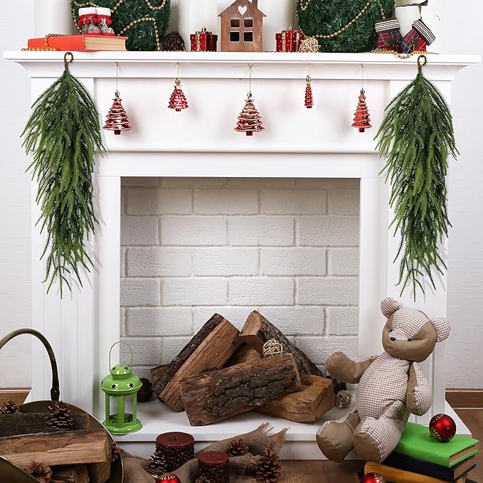 2 Pcs 30" Extra Length Artificial Christmas Teardrop Swag, Faux Pine Needles Teardrop Door Swag, Christmas Norfolk Greenery Teardrop Wreath for Xmas Door Table Mantle Fireplace Indoor Outdoor Decor