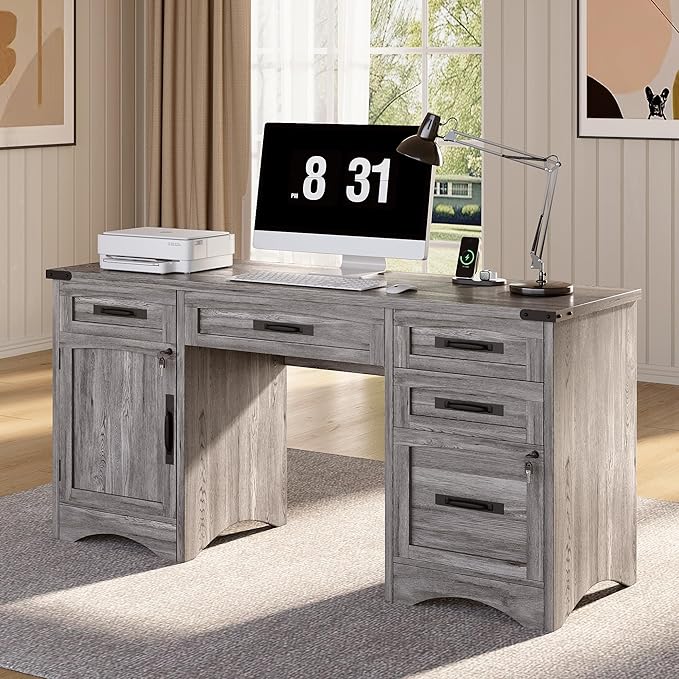 Farmhouse Executive Desk with Drawers, 55" Home Office Desks with Fast Charging Station, Lockable File Cabinet, Wood Writing Computer Desk for Work, Study, Grey