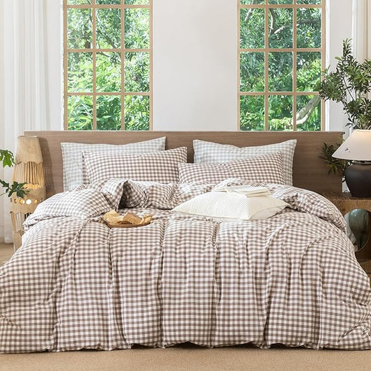 MooMee Gingham Duvet Cover Set 100% Washed Cotton Linen Like Textured Breathable Durable Soft Comfy Modern Checkered Design (Brown Gingham, Super Queen 90"x98")