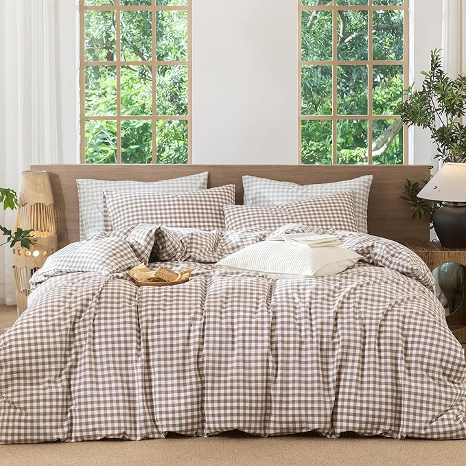 MooMee Gingham Duvet Cover Set 100% Washed Cotton Linen Like Textured Breathable Durable Soft Comfy Modern Checkered Design (Brown Gingham, Cal King 104"x98")