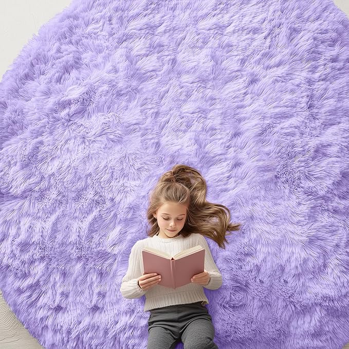 OLANLY Light Purple Round Rugs for Bedroom - Machine Washable, 9 ft Circle Area Rugs for Living Room, Soft and Fluffy Shaggy Carpet for Teen Girls and Boys, Nursery Rooms, Dorms, Home Decor Aesthetic