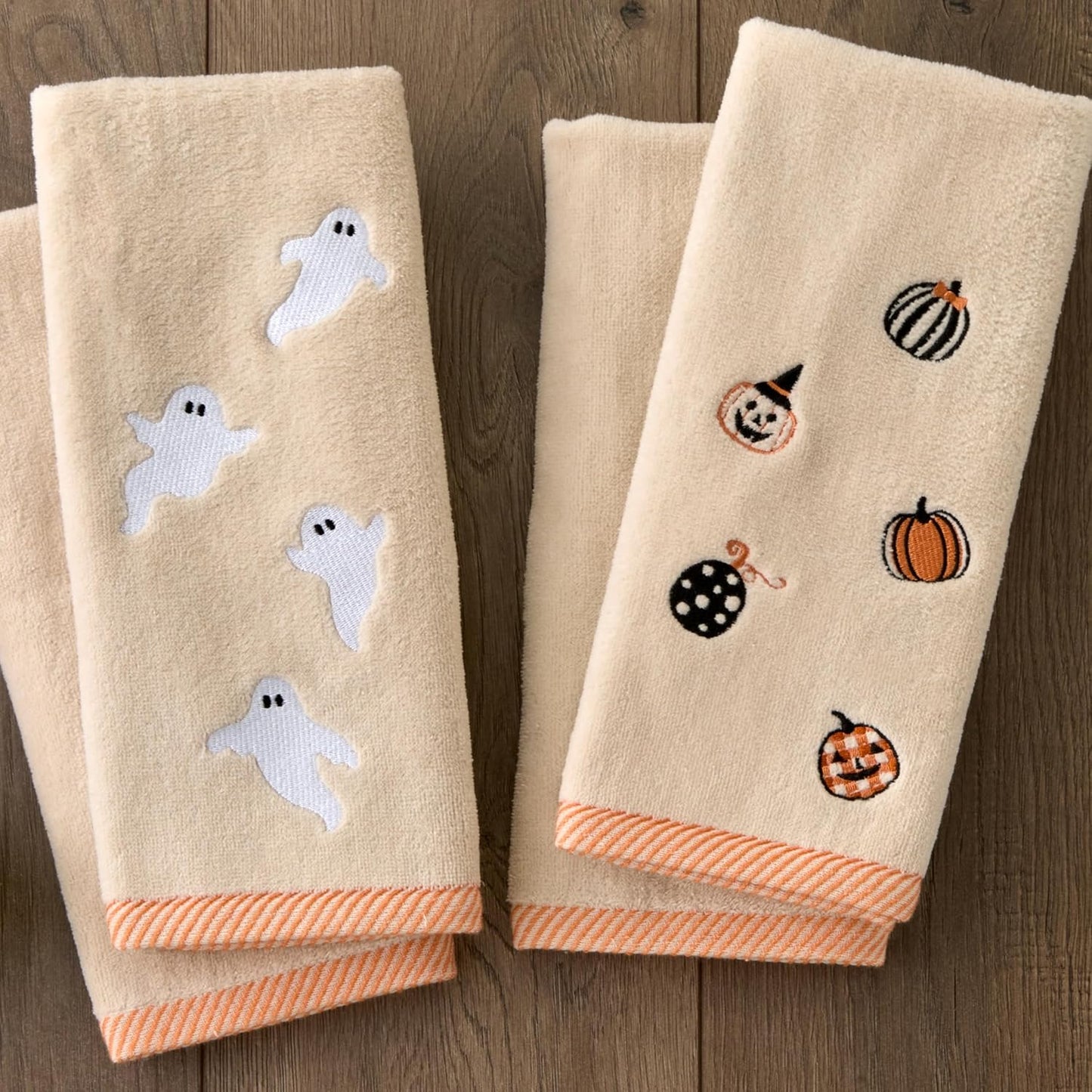 SKL Home Halloween Tossed Ghosts 100% Cotton Embroidered 2pc Hand Towel Set, Decorative for Bath/Kitchen/Bar & Gift, Taupe