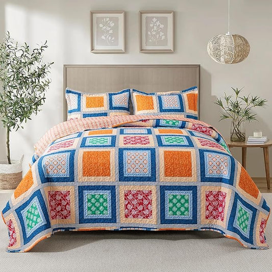 NEWLAKE Quilt Bedspread Sets - Bohemian Farmhouse Pattern Reversible Coverlet Set, King Size