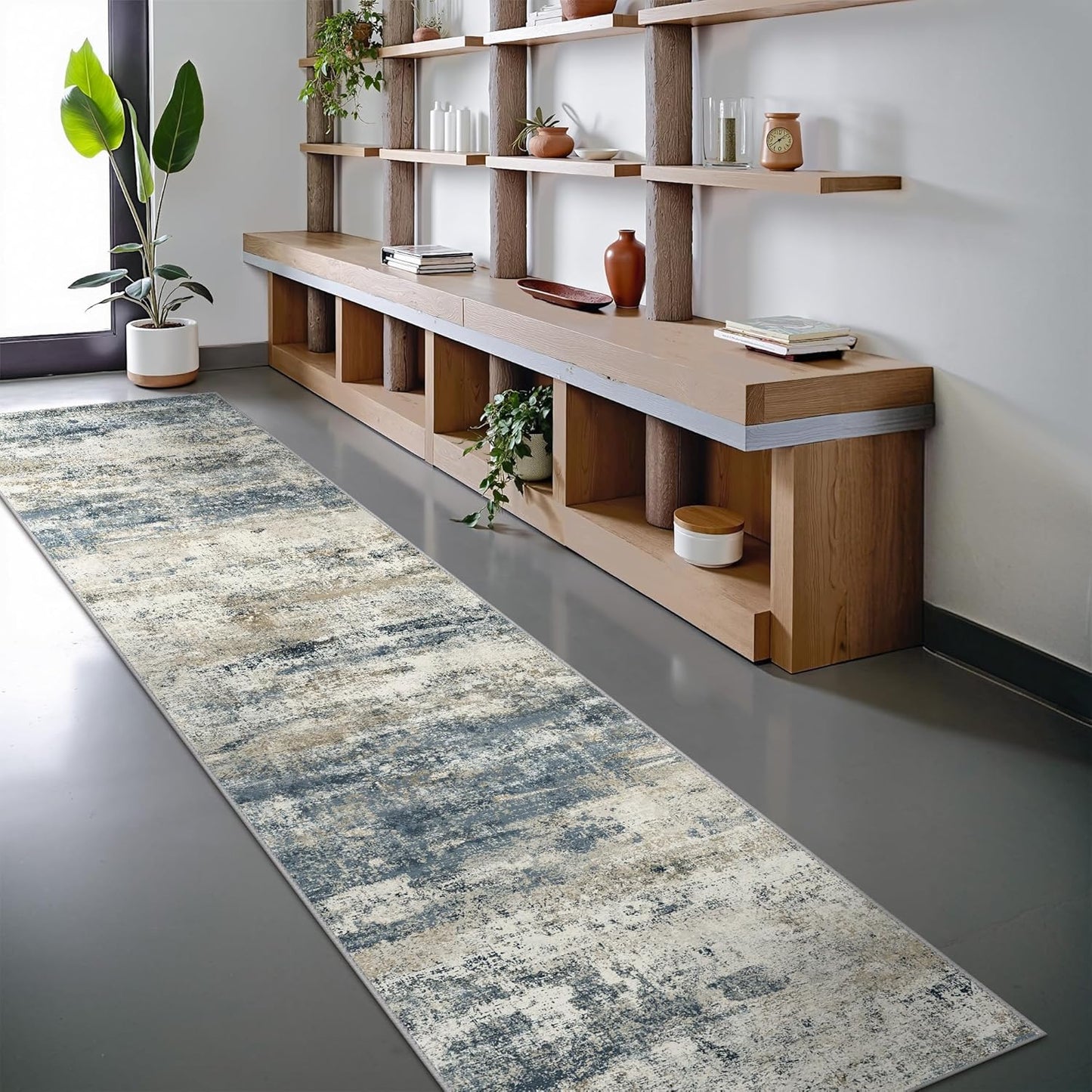 Runner Rug for Hallway Kitchen, 2x12 Machine Washable Runners Rug for Entryway, Soft Modern Abstract Throw Rugs, Low Pile Floor Cover with Non Slip Backing, Navy Beige