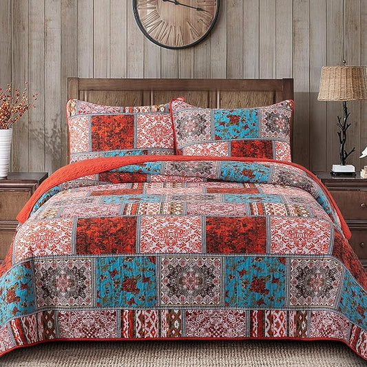 NEWLAKE Cotton Bedspread Quilt Sets-Reversible Patchwork Coverlet Set, Mediterranean Classic Bohemian Pattern,Queen Size