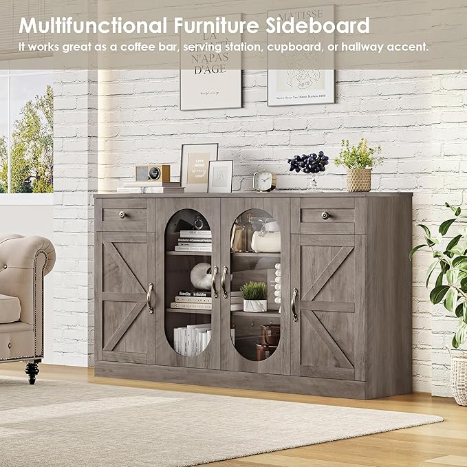 Keyluv Buffet Cabinet 55" Large Storage Coffee Bar with Drawer and Shelves, 3 Spacious Shelves Behind Glass Doors Sideboard Cabinet, Farmhouse Furniture for Kitchen/Dining/Living Room, Washed Brown