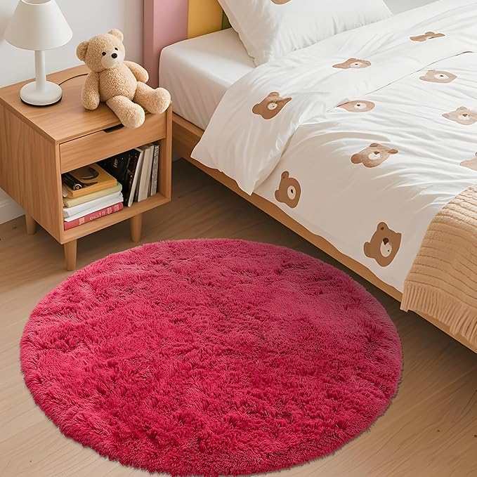 OLANLY Red Round Rugs for Bedroom - Machine Washable, 3 ft Circle Area Rugs for Living Room, Soft and Fluffy Shaggy Carpet for Teen Girls and Boys, Nursery Rooms, Dorms, Home Decor Aesthetic