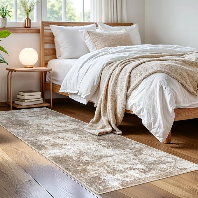 IOHOUZE Abstract Runner Rug 2x6 Ft Washable Runners for Hallways, Non Slip Kitchen Runner Printed Faux Wool Entryway Runner Indoor, Modern Abstract Floor Carpet for Hall Kitchen Bedroom, Beige Brown