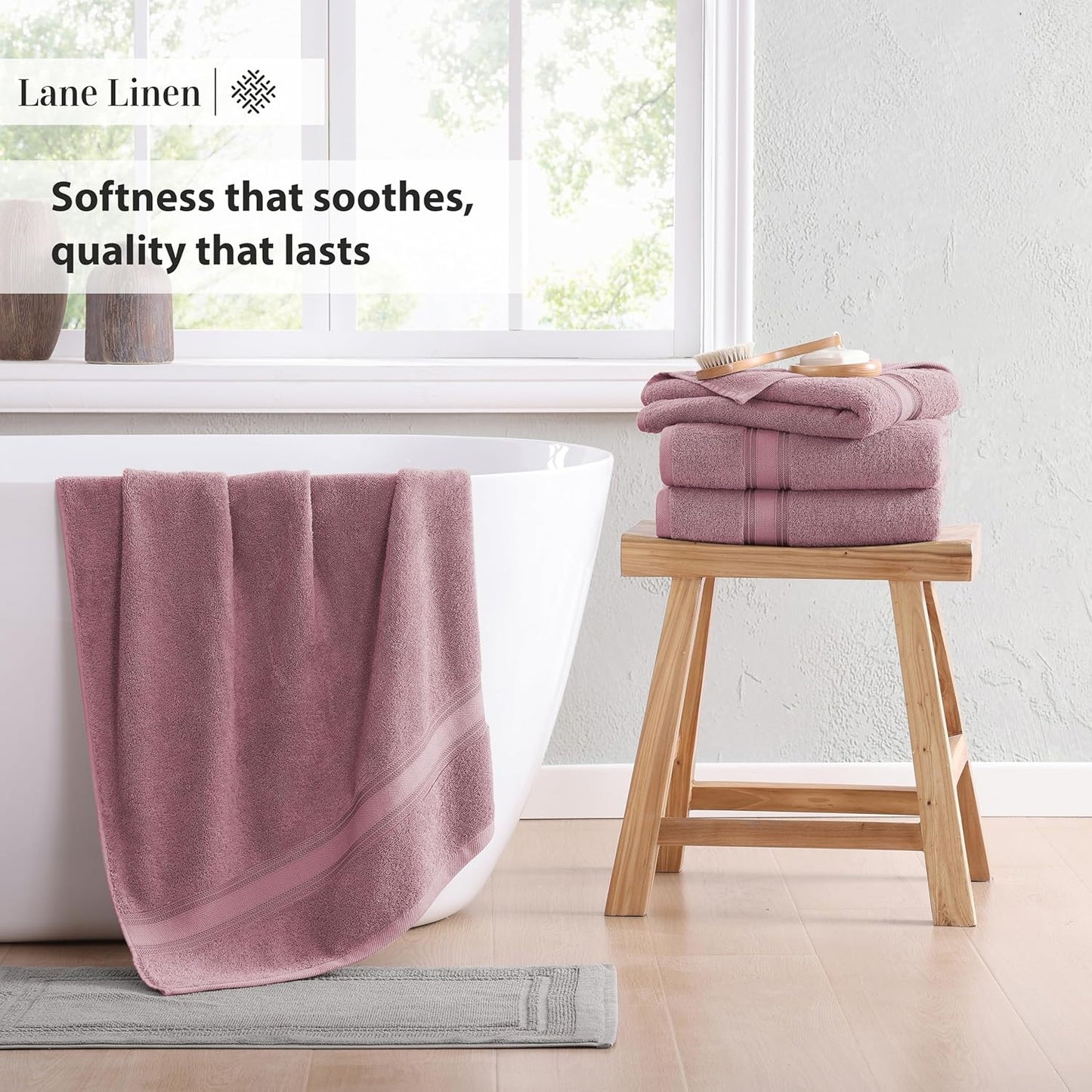 LANE LINEN 100% Cotton Large Bath Towels Set of 4 (30"x60") - Zero Twist, Mercerized Cotton Bathroom Towel 4 Pack - Quick Dry, Soft & Absorbent Large Towels Set - Oeko Tex Certified - Wishful Mauve