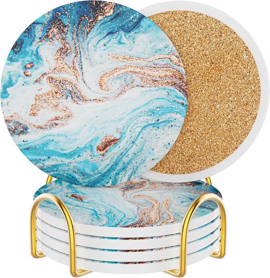 Coasters for Drinks Set of 4, Absorbent Ocean Style Marble with Metal Golden Holder, Ceramic Coaster Set Cup Mat for Home Decor, Bar, Kitchen, Party