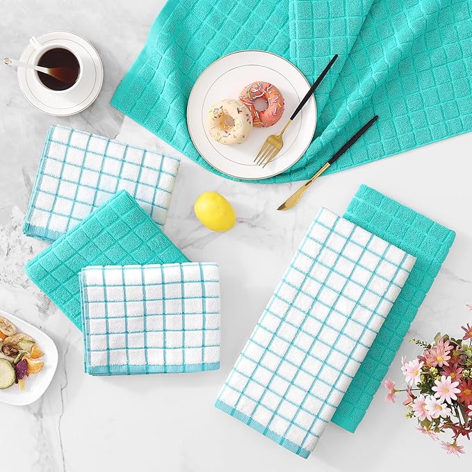Homaxy Premium Cotton Kitchen Towels 16"x 28", Large Natural Ring Spun 390 GSM Dish Towels, Super Absorbent Terry Kitchen Hand Towels, Soft Tea Towel with Hanging Loop, Aqua Check Design, 6 Pack