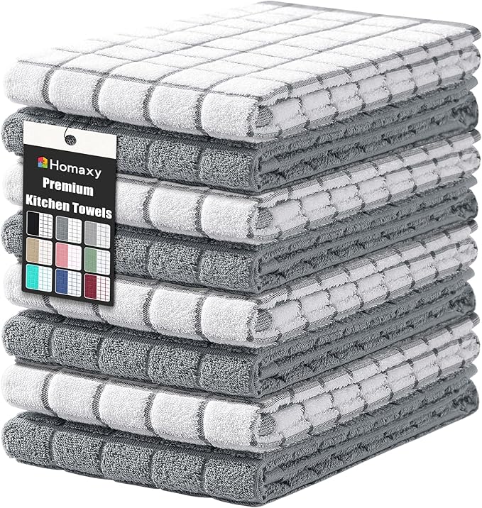 Homaxy Premium Cotton Kitchen Towels 16"x 28", Large Natural Ring Spun 390 GSM Dish Towels, Super Absorbent Terry Kitchen Hand Towels, Soft Tea Towel with Hanging Loop, Grey Check Design, 8 Pack