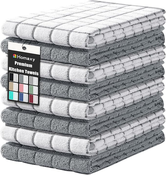 Homaxy Premium Cotton Kitchen Towels 16"x 28", Large Natural Ring Spun 390 GSM Dish Towels, Super Absorbent Terry Kitchen Hand Towels, Soft Tea Towel with Hanging Loop, Grey Check Design, 8 Pack