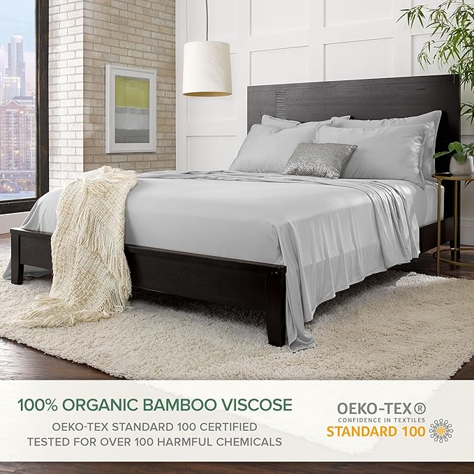 Split King Sheets by Pure Bamboo, Genuine 100% Organic Viscose Derived from Bamboo Bed Sheet Set, Soft & Cooling, Double Stitching *Not for Split Top (Split King, Silver Pearl)