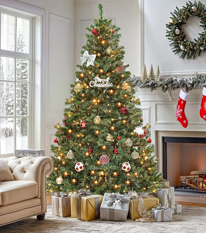 DWVO 6ft Pre-lit Artificial Christmas Tree, Spruce Prelit Christmas Trees for Home, Office, Party with 1000 Thickened Branch Tips & 250 UL Listed Lights Green, Automatic Branches with Remote Control