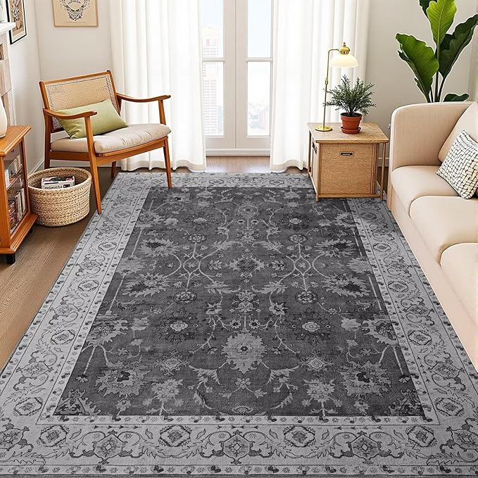Vasofe 5x7 Rug for Bedroom, Washable Living Room Rugs for Dining Room, Black Indoor Floor Mat, Vintage Floral Mats for Home Decor, Farmhouse, Laundry Room, Non Slip Low Pile Soft Modern Carpet