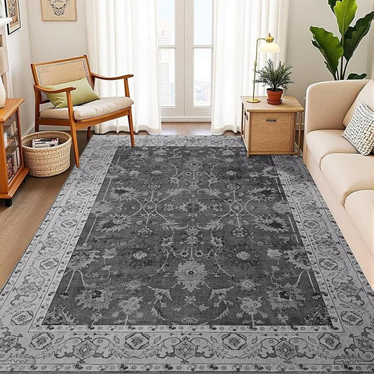 Vasofe 5x7 Rug for Bedroom, Washable Living Room Rugs for Dining Room, Black Indoor Floor Mat, Vintage Floral Mats for Home Decor, Farmhouse, Laundry Room, Non Slip Low Pile Soft Modern Carpet