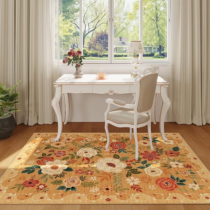 DUKINO 4x6 Area Rug, Lightweight Non Slip Washable Floral Rug, Indoor Low Pile & Non-Shedding Boho Design Rugs for Bedroom, Living Room, Dining Room, Orange