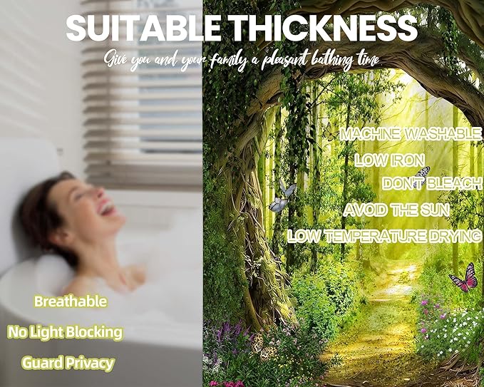 Tree Shower Curtain Green, Nature Garden Shower Curtain Outdoors Scene Shower Curtains for Bathroom, Enchanted Forest Scenic Bathroom Decor Sets, Waterproof Fabric with Hooks (70''W x 84''L)