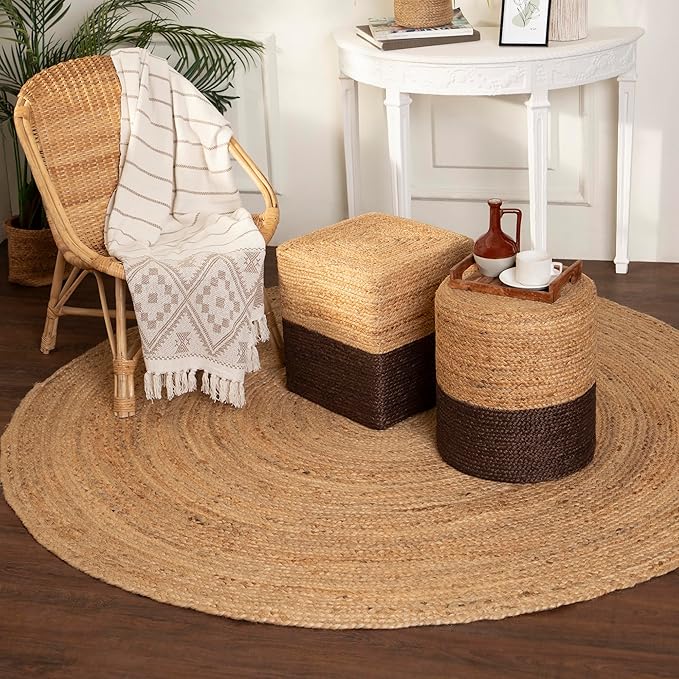 REDEARTH · Cylindrical Pouf Foot Stool Ottoman - Jute Braided Pouffe Poof Accent Sitting Footrest for The Living Room, Bedroom, Nursery, Patio, Lounge & Other Rooms (14.5”x14.5”x16”; Natural Acorn)