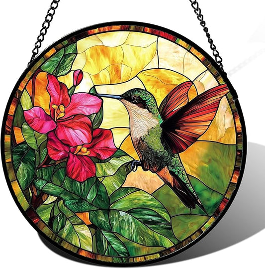 Stained Glass Suncatcher, Hummingbird Red Flowers Green Leaves Sun Catcher Stain Glass Window Hanging Decoration Mother's Day Birthday Gifts for Bird Lover Women Men Mom Nana 7.8 in