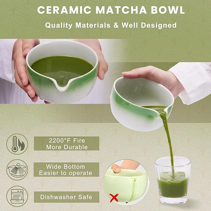 Matcha Set Matcha Bowl with Spout,Matcha Whisk and Matcha Whisk Holder,Bamboo Matcha Spoon and Scoop Handmade with Matcha Sifter for Matcha Maker Green, Normal, ZYMC6Pcs01-Green