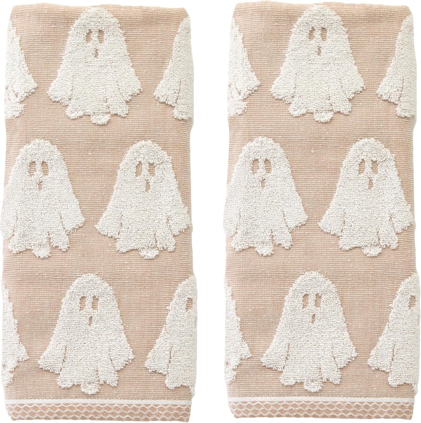 SKL Home Halloween Ghost Jacquard 100% Cotton Reversible 2pc Hand Towel Set, Soft & Absorbent, Decorative for Bath/Kitchen/Bar & Gift, Tan