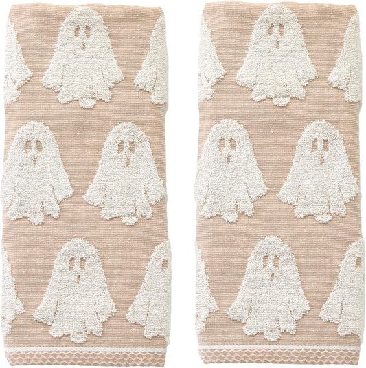 SKL Home Halloween Ghost Jacquard 100% Cotton Reversible 2pc Hand Towel Set, Soft & Absorbent, Decorative for Bath/Kitchen/Bar & Gift, Tan