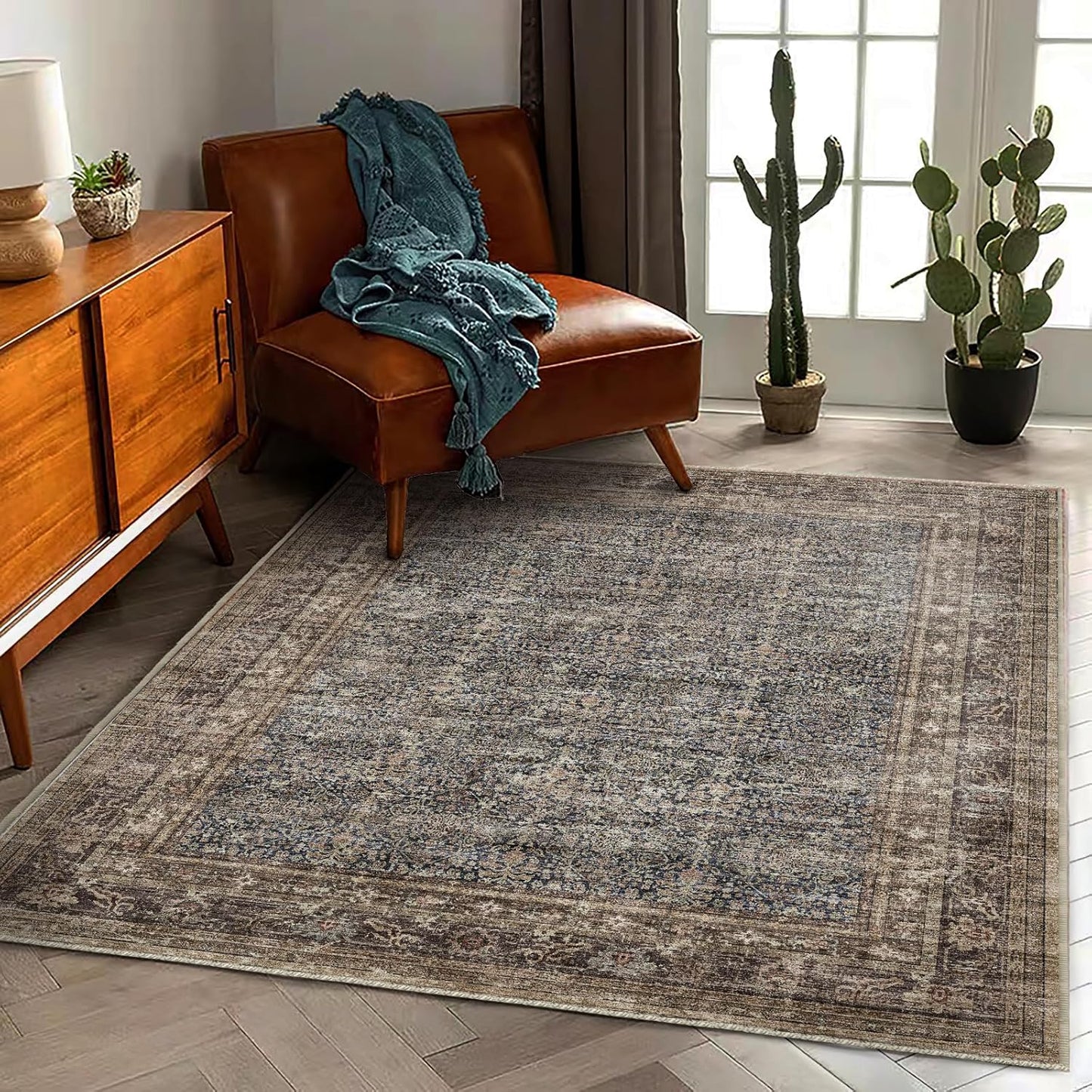 Washable Area Rug 4'x6' Traditional Floor Cover Foldable Thin Rugs Retro Kitchen Indoor Distressed Non Slip Carpet Floral Print Mat Bedroom Living Room