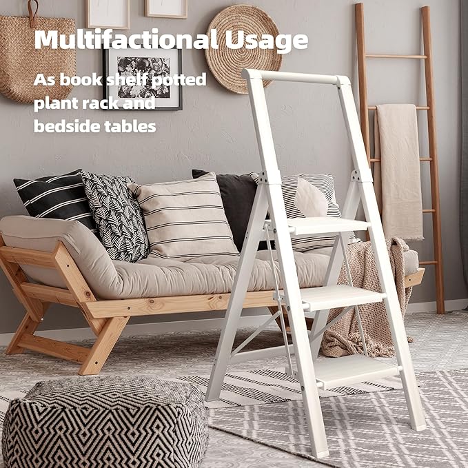 HillhutApex 3 Step Foldable Aluminum Step Ladder with Handgrip, Anti-Slip Pedal, 330 lbs Capacity, Lightweight & Portable for Home, Kitchen, Office, Garage (White)