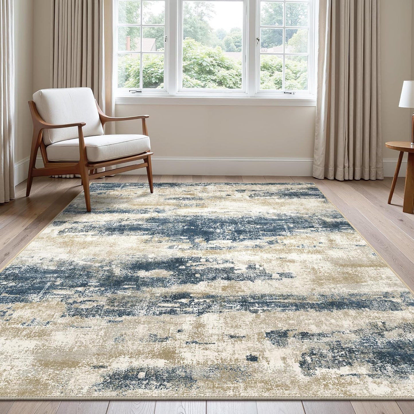Area Rugs 9x12 for Living Room Bedroom, Modern Abstract Machine Washable Rug, Large Soft Low Pile Floor Cover with Non Slip Backing for Dining Room, Blue Beige