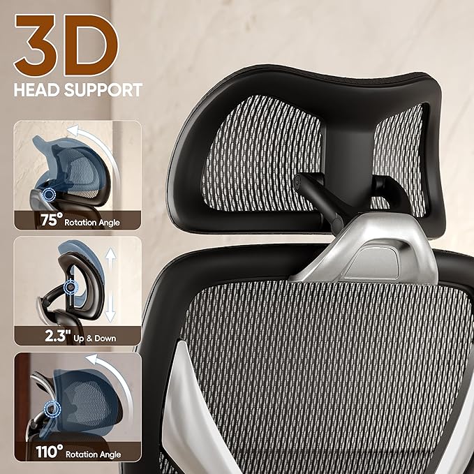 GABRYLLY Ergonomic Office Chair, Home Mesh Desk Chair with Adjustable Lumbar Support, 5D Arms & Wide Seat, 135° Recline Big and Tall Computer Chairs for Work Gaming, Heavy Duty,300LBS