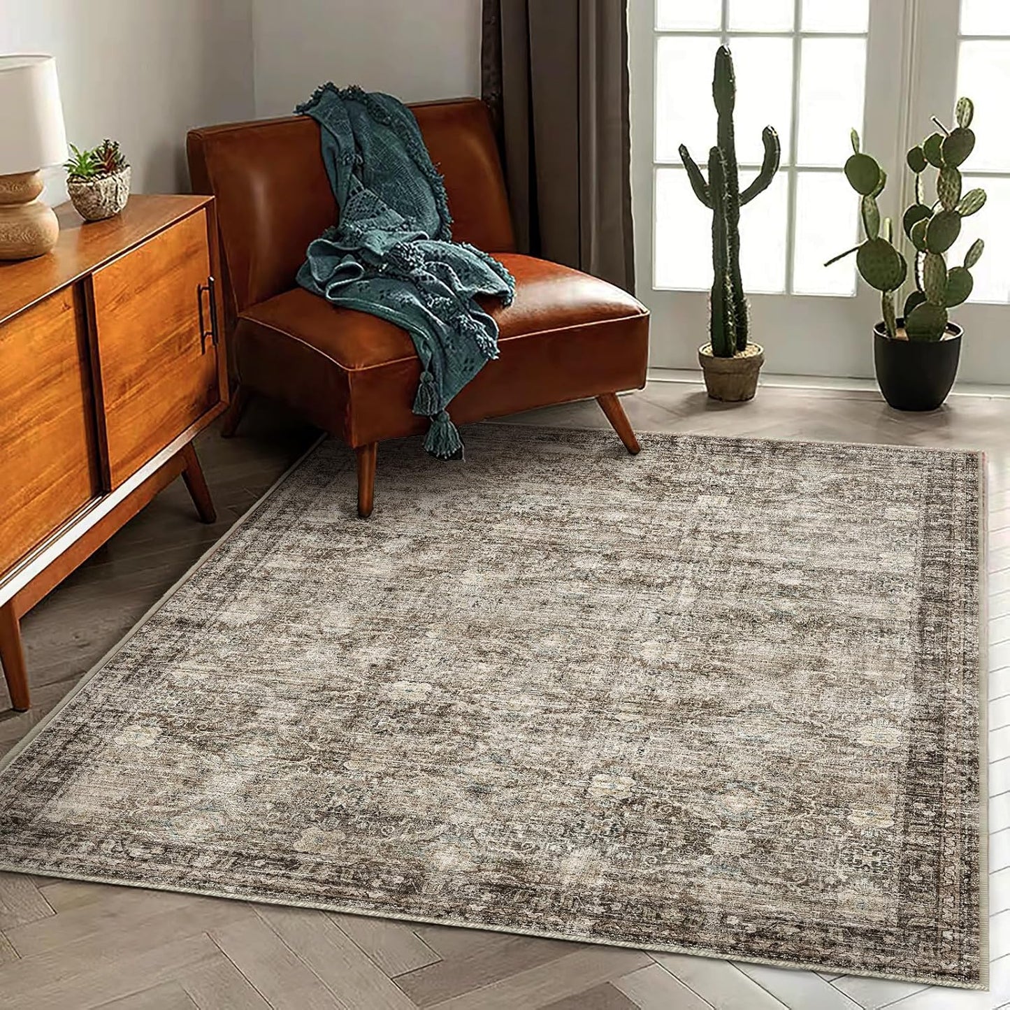Area Rug 5'x7' Washable Rug Vintage Traditional Floor Cover Thin Retro Kitchen Indoor Distressed Non Slip Carpet for Living Room Bedroom Dining Room