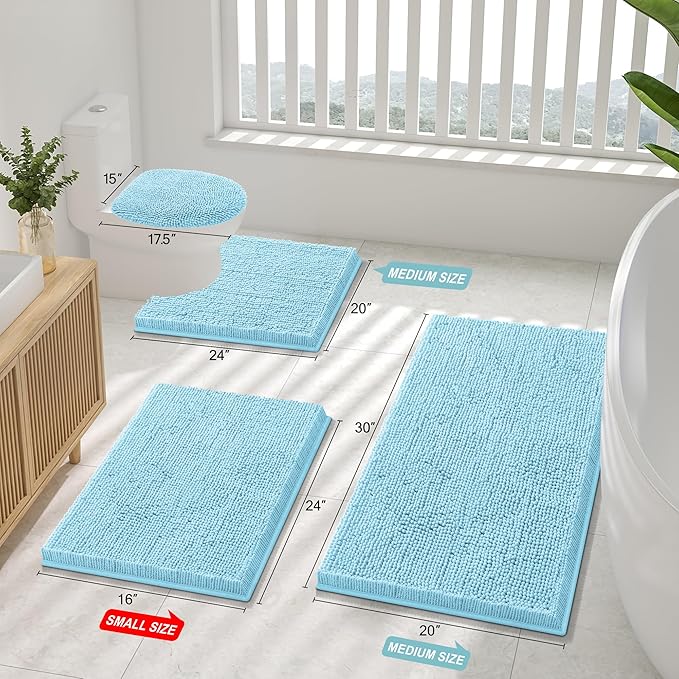 Smiry Luxury Chenille Toilet Rugs U-Shaped 24x24, Soft Absorbent Non-Slip Contour Bathroom Rugs for Toilet, Machine Washable Contoured Bath Mats, Sky Blue