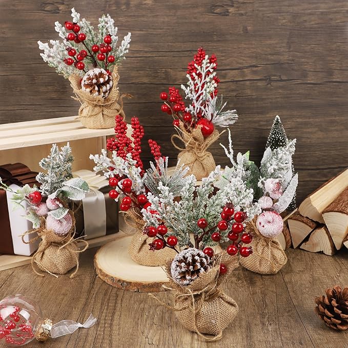 winemana 6 Pcs Mini Christmas Tree Table Decorations, 9" Small Artificial Trees with Red Berries Pine Cone Tabletop Centerpiece for Home Office Room Holiday Decorations