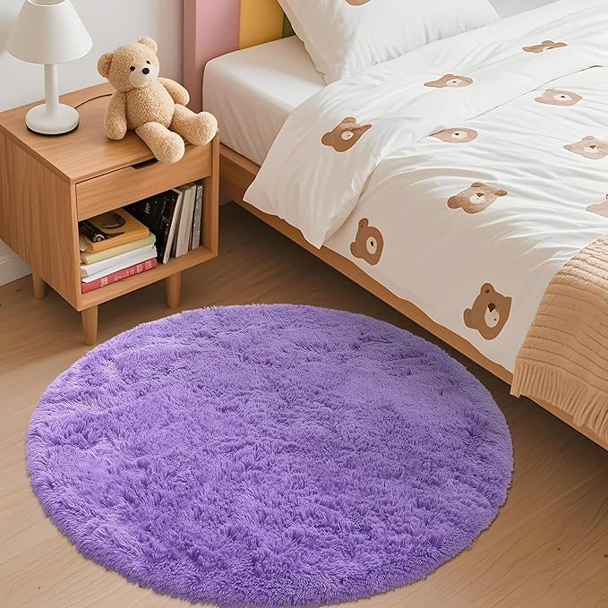 OLANLY Purple Round Rugs for Bedroom - Machine Washable, 3 ft Circle Area Rugs for Living Room, Soft and Fluffy Shaggy Carpet for Teen Girls and Boys, Nursery Rooms, Dorms, Home Decor Aesthetic