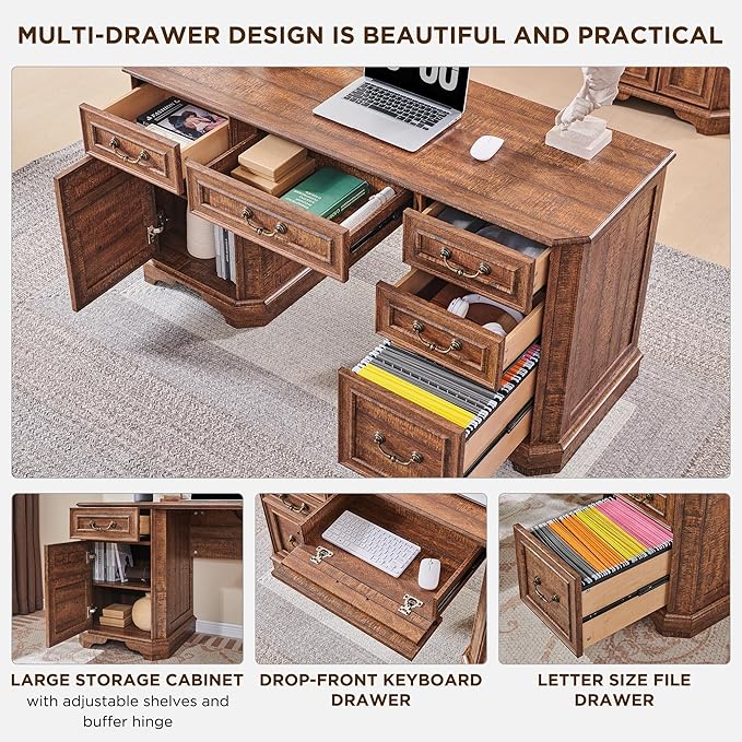 T4TREAM 59" Farmhouse Executive Desk with Drawers,Wood Home Office Computer Desk, Featuring Keyboard Tray,Charging Station,File Drawer, Storage Cabinet,for Work and Study (Reclaimed Barnwood)