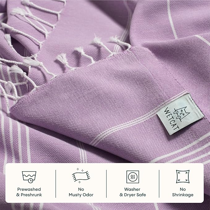 WETCAT Turkish Beach Towel Oversized (38"x71") 100% Turkish Cotton, Made in Turkey - Sand Free, Extra Large, Ultra Soft, Quick Drying, Compact & Lightweight for Travel - Lilac